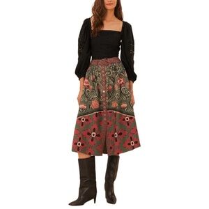 NWT FARM Rio Arabesque Floral Green Buttons Midi Skirt
